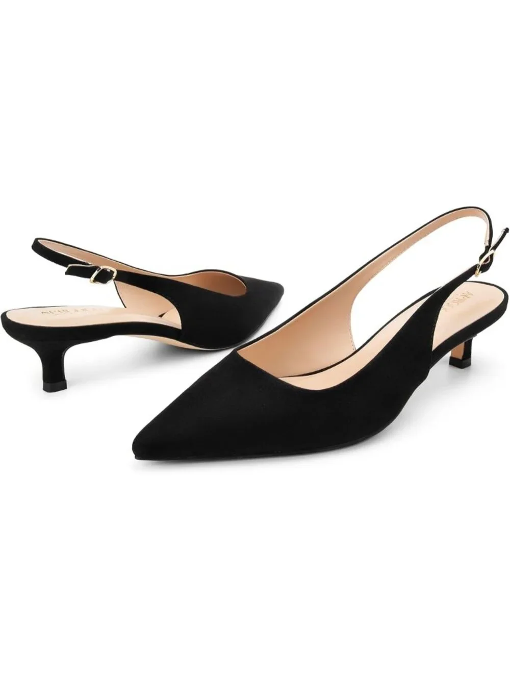 Women's Black Suede Kitten Heel Slingback Pointed Closed Toe Ankle Strap Shoes